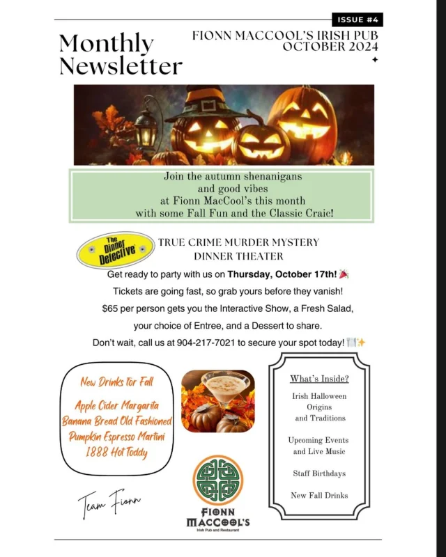 October Newsletter! 🗞️ 
🕵️‍♂️ True crime murder mystery dinner theater
🎃 Fall Cocktails
🧠 Trivia
🎶 Live Music
👻 Trunk or Treat