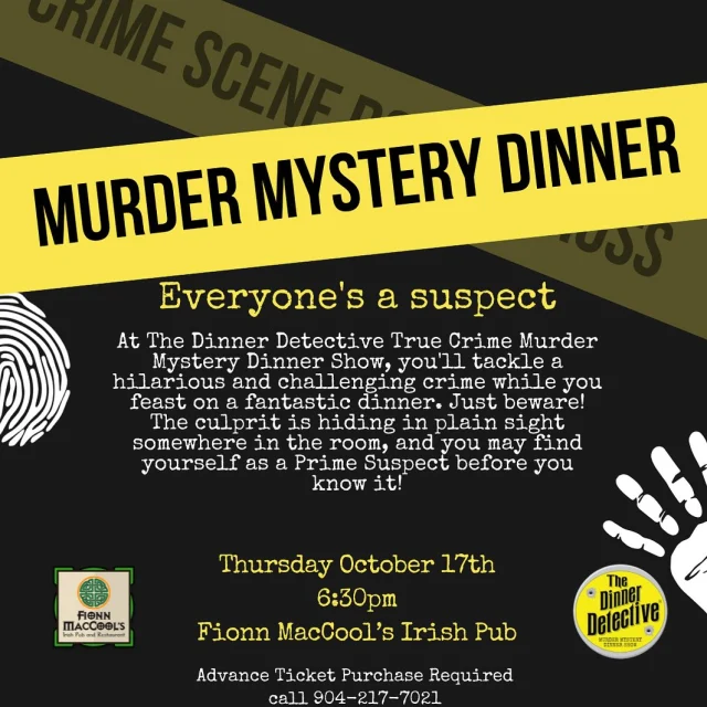 🚨 calling all true crime junkies 🚨 

Join us for a unique true crime event at Fionn MacCool’s that is very different from a typical traditional murder mystery dinner show. The show is set in the present day and the actors are not dressed in costume but rather are hidden in the audience! This results in a fun, social and interactive evening suitable for all adults.

**Advance ticket purchase required, call 904-217-7021 to get yours before they’re sold out! 🎟️