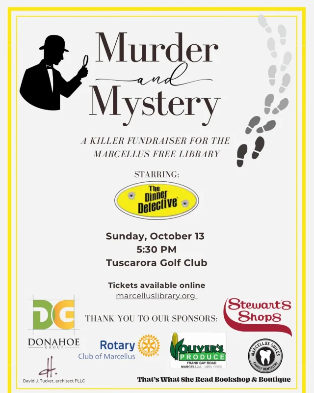 We still have seats available for our Murder & Mystery Fundraiser AND our Scarecrow Teddy Stuff-a-stuffie workshop! Tickets cost $65 for the Murder Mystery Dinner, and the teddy workshop is FREE, thanks to the Friends of MFL 🧡🧸🧡 Reserve your spots for both events today! 
#marcellusny #libraryfundraiser #onondagacounty #noahsarkworkshop #scarecrowteddy