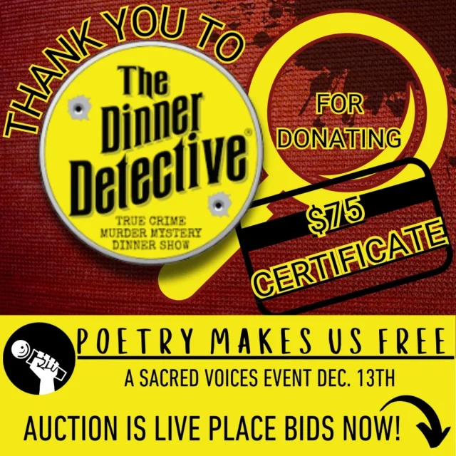 Thank you to dinnerdetective and mca_denver for their generous donations to the Poetry Makes us Free Silent Auction.

These wonderful items are up for auction right now. The proceeds from these items will go to funding our programs to allow more underserved youth access to poetry programming in schools.
 
Place your bids today! Visit the link in our bio