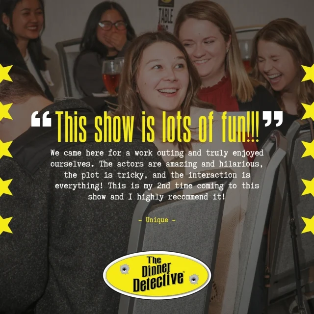 🌟🌟🌟🌟🌟
Thank you, Unique, for your amazing feedback! We're thrilled you had such a fun experience at our show!

🎭 We can't wait to welcome you back for another adventure. If you haven't joined us yet, grab your tickets and see what the excitement is all about! 

#DinnerDetective #MurderMysteryNight #MurderMystery #CustomerLove #5StarReview #GuestFeedback #AudiencePraise #InteractiveTheater #TheaterMagic #LiveEntertainment #JoinUs #CustomerExperience