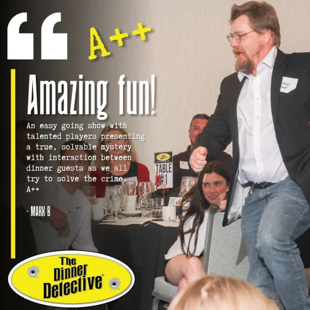 🌟🌟🌟🌟🌟
Thank you, Mark B, for your wonderful review! We're thrilled you had an amazing time unraveling the mystery!

👏 If you're ready for your own interactive experience, book your tickets now and join us for a night of fun and intrigue! 

#DinnerDetective #MurderMysteryNight #MurderMystery #HappyGuests #AudienceExperience #JoinTheFun #CompleteYourMystery #LiveShowExperience #MakeMemories